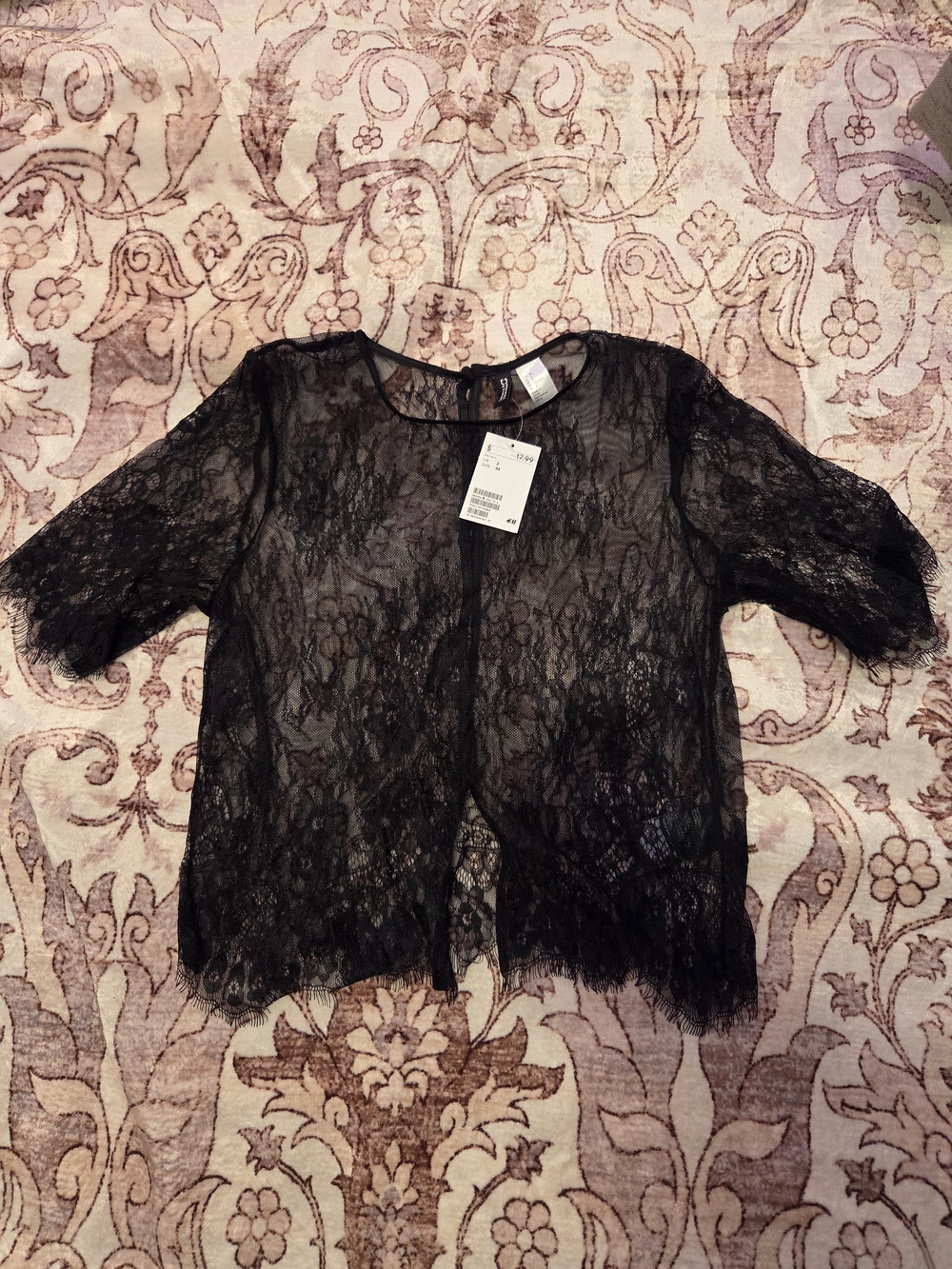 H&M Black Sheer Lace Short Sleeve Top